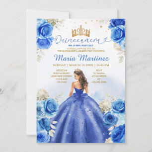 Royal Blue Princess Floral Gold Crown Quinceañera Invitation