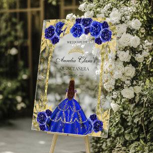 Royal Blue Princess Floral Quinceañera Birthday Acrylic Sign