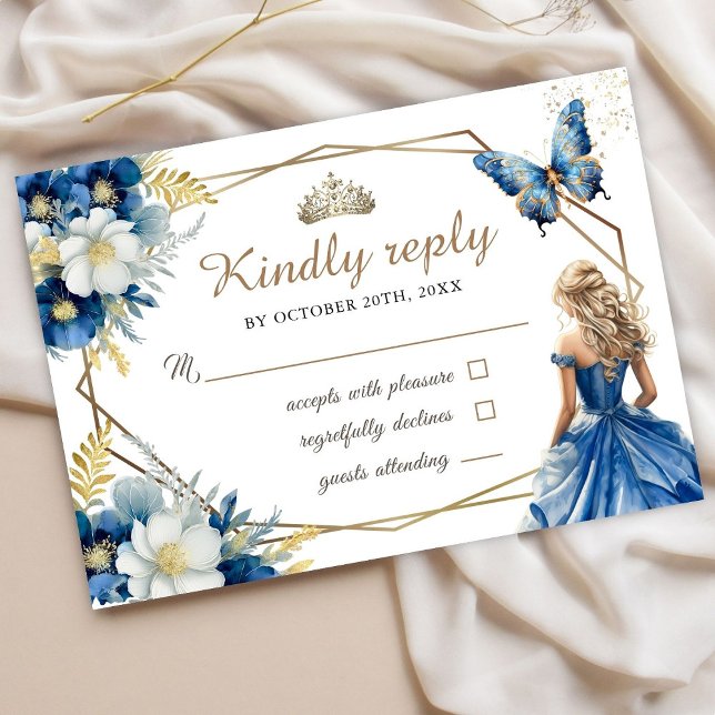 Royal Blue Princess Floral Sweet 16 Rsvp Cards (Creator Uploaded)