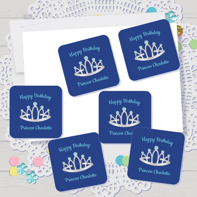 Royal Blue Princess Tiara Birthday Party Stickers (Creator Uploaded)