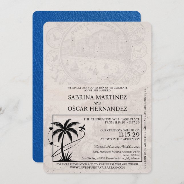 Royal Blue Puerta Vallarta Passport Wedding Invitation (Front/Back)
