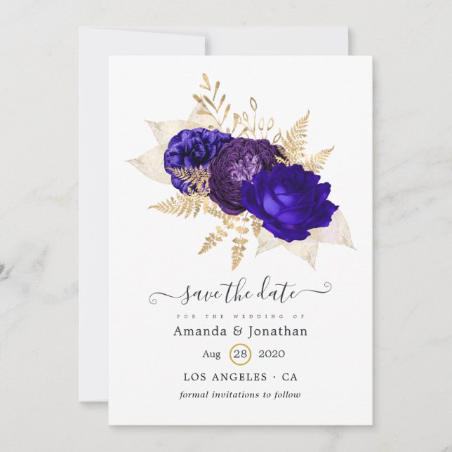 Royal Blue, Purple and Gold Floral Wedding Save The Date (Front)