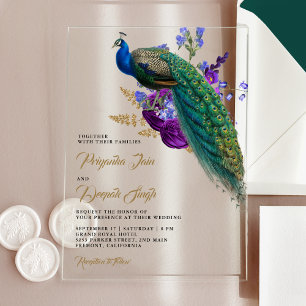 Royal Blue Purple Floral Indian Peacock Wedding Acrylic Invitations