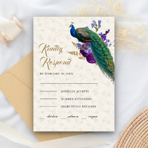 Royal Blue Purple Floral Indian Peacock Wedding RSVP Card