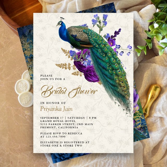 Royal Blue Purple Floral Peacock Bridal Shower Invitation (Creator Uploaded)
