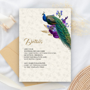 Royal Blue Purple Floral Peacock Wedding Details Enclosure Card