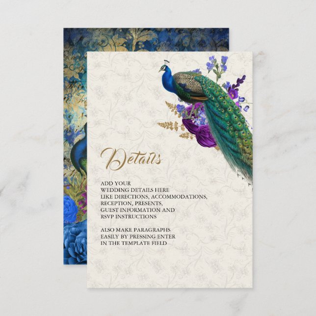 Royal Blue Purple Floral Peacock Wedding Details Enclosure Card (Front/Back)