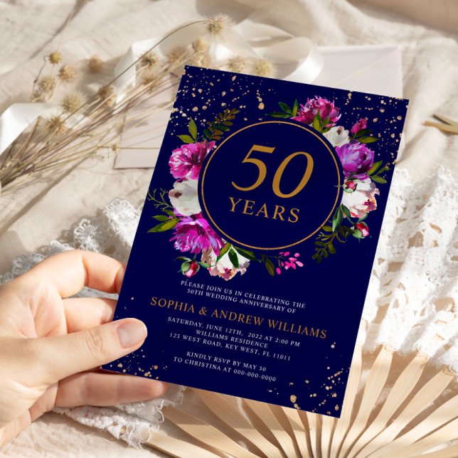 Royal Blue Purple Flowers 50th Wedding Anniversary Invitation (Creator Uploaded)