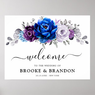 Royal Blue Purple Navy Lilac Bloom Wedding Welcome Poster
