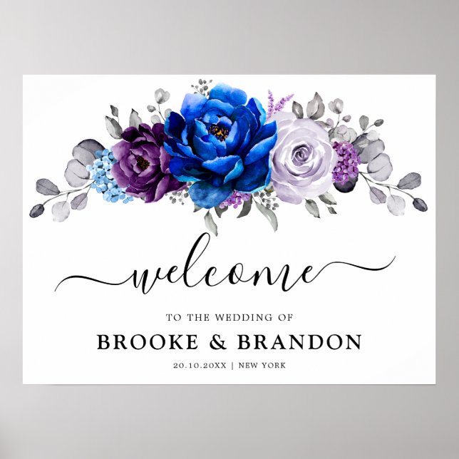 Royal Blue Purple Navy Lilac Bloom Wedding Welcome Poster (Front)