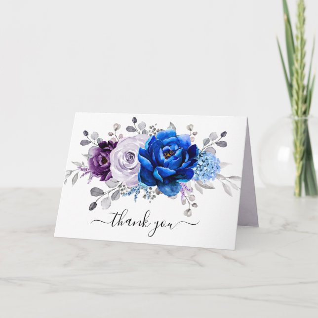 Royal Blue Purple Navy Lilac Blooms Bridal Shower Thank You Card (Front)