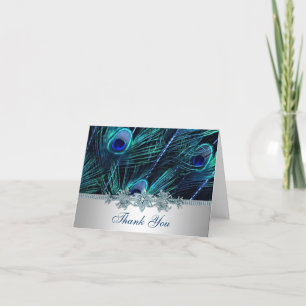 Royal Blue Purple Peacock Feathers Wedding Thank You Card