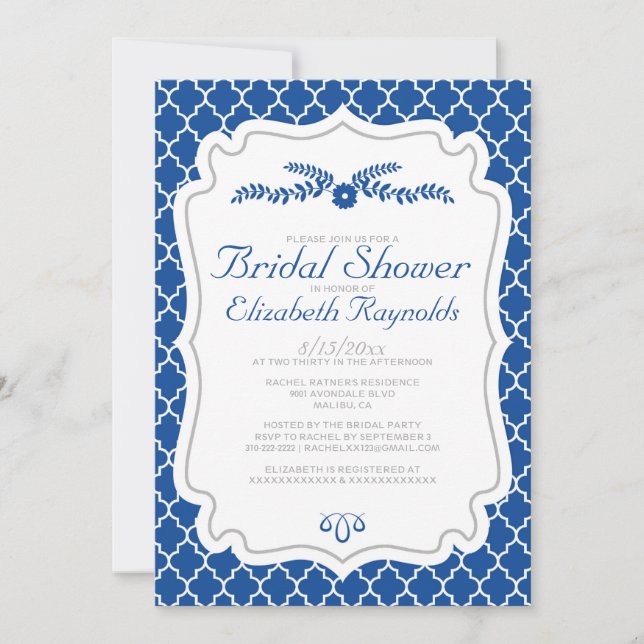 Royal Blue Quatrefoil Bridal Shower Invitations (Front)