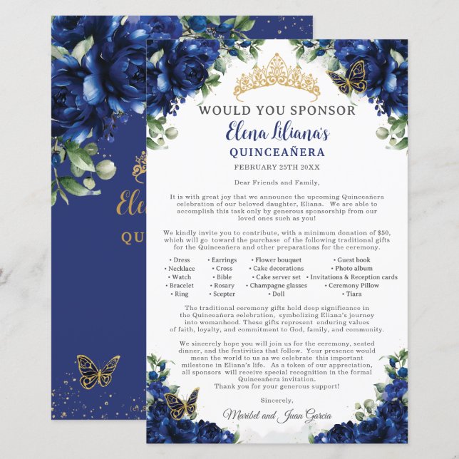 Royal Blue Quinceanera 15 Sponsor Request Letter (Front/Back)