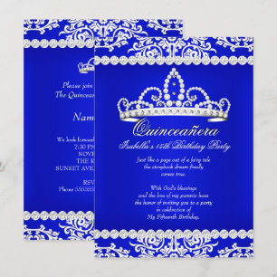 Royal Blue Quinceanera 15th Birthday Party Tiara Invitation
