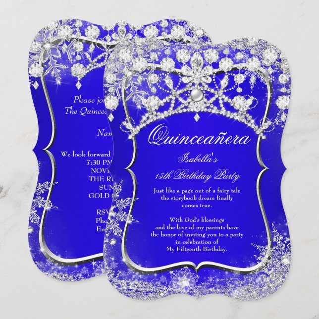 Royal Blue Quinceanera 15th Winter Wonderland Invitation (Front/Back)