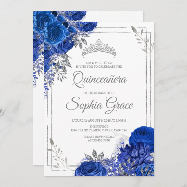 Royal Blue Quinceañera Butterflies Mis Quince Invitation (Front/Back)