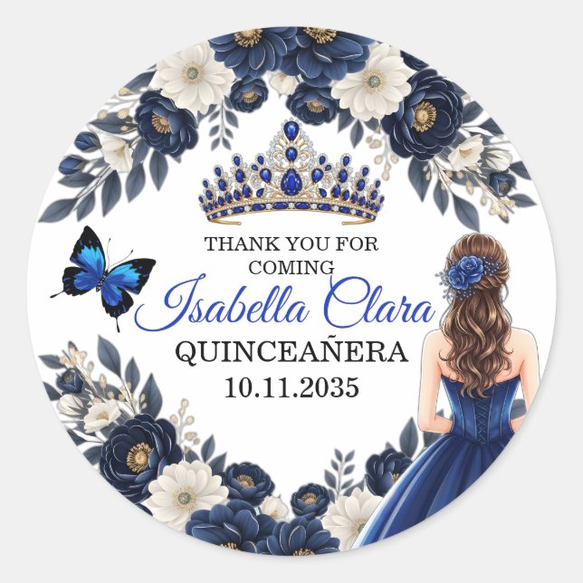Royal Blue Quinceañera Butterfly Favor Sticker (Front)