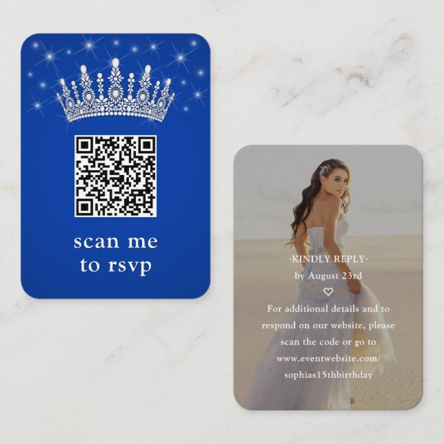 Royal Blue Quinceañera Crown & Stars QR RSVP Photo Enclosure Card (Front/Back)