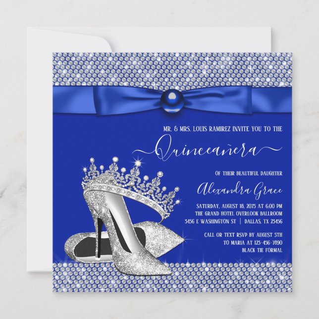 Royal Blue Quinceanera Diamond Tiara Shoe Invitation (Front)