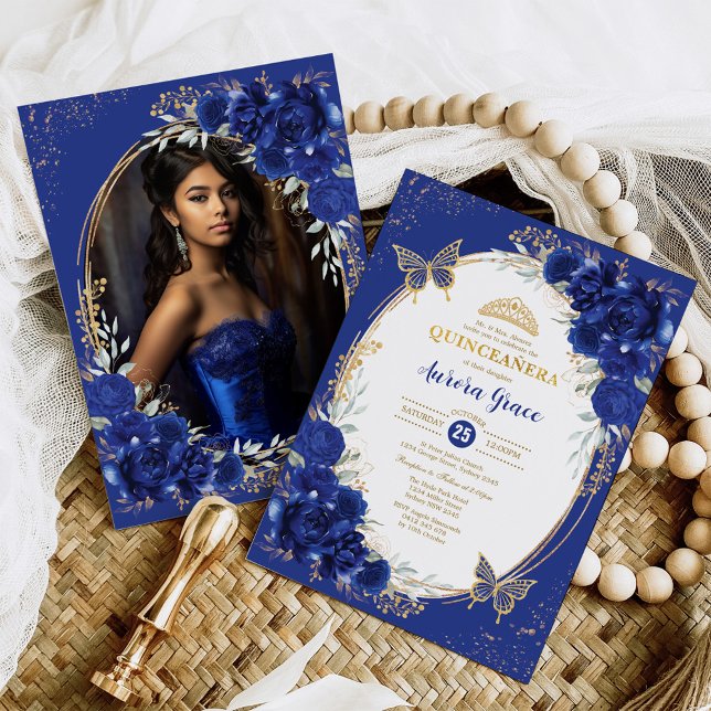Royal Blue Quinceañera Flower Butterfly Photo Invitation (Creator Uploaded)