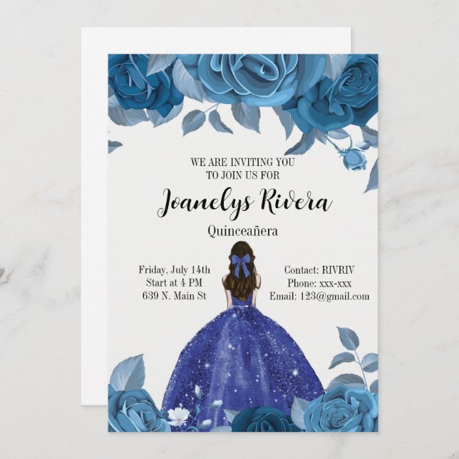 Royal Blue Quinceañera Invitation (Front/Back)
