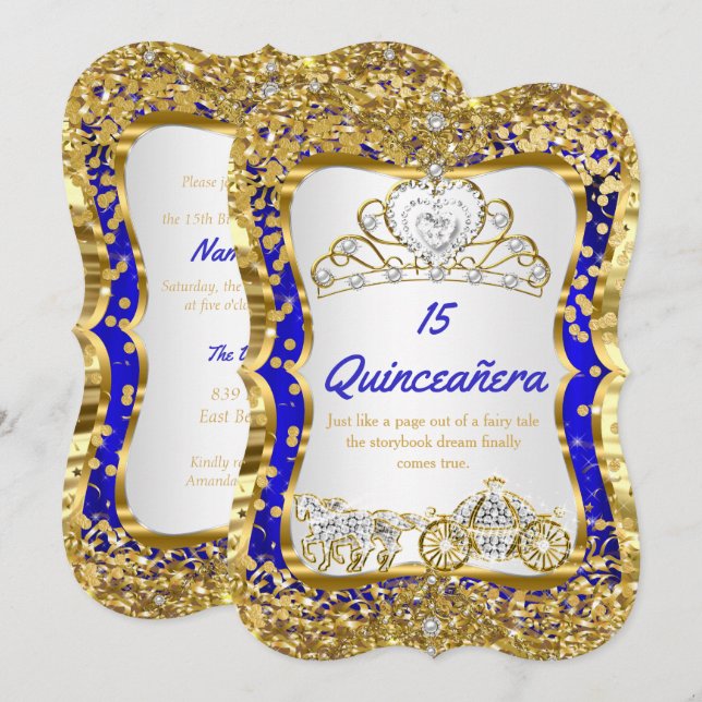 Royal Blue Quinceanera Magical Tiara Gold Invitation (Front/Back)