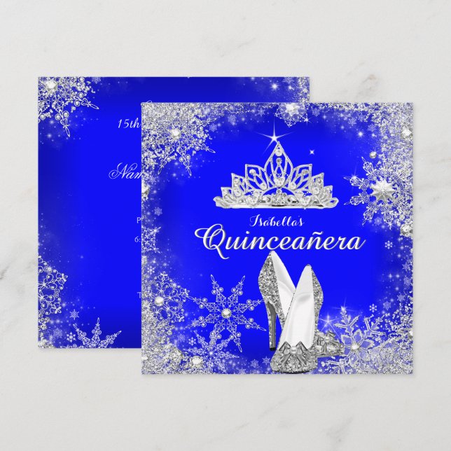 Royal Blue Quinceanera Silver Tiara 15th Birthday Invitation (Front/Back)