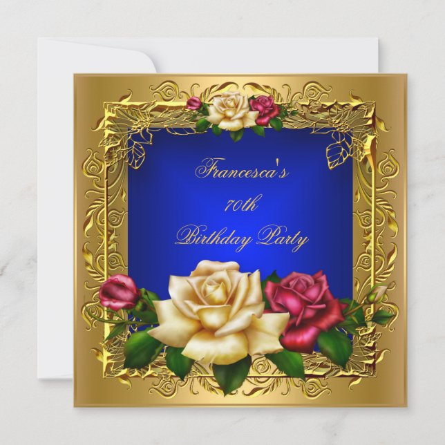 Royal Blue Red Cream Roses Gold Elegant Birthday B Invitation (Front)