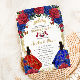 Royal Blue Red Floral Girls Twins Quinceañera 15 Invitation