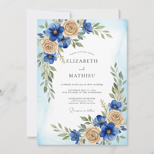 Royal Blue Refined Botanical Wedding Invitation (Front)