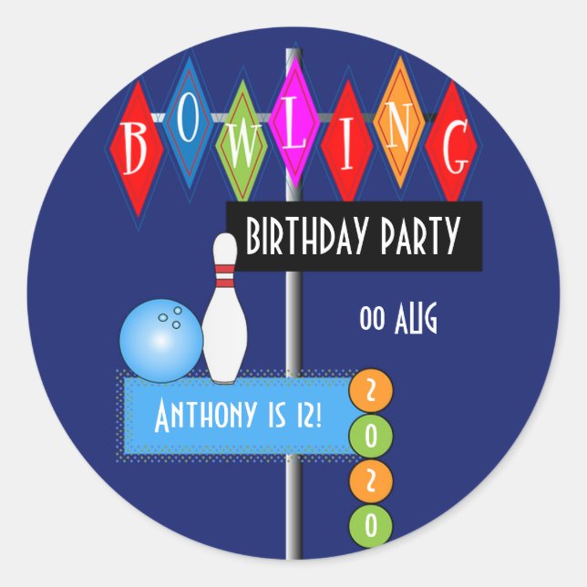 Royal Blue Retro Bowling Birthday Party Classic Round Sticker (Front)
