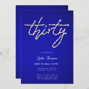 Royal Blue Rhinestones Calligraphy 30th Birthday Invitation