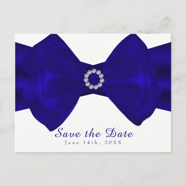 Royal Blue Ribbon & Diamonds Save the Date Elegant Announcement Postcard (Front)