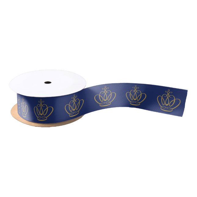 Royal Blue Ribbon with Gold Crowns Satin Ribbon (Spool)