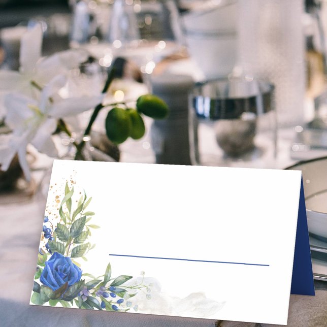 Royal Blue Rose and Eucalyptus Leaves Place Card (Place Cards with blue rose floral arrangement and space to write your guest's name)