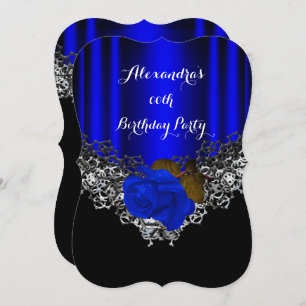 Royal Blue Rose Birthday Party Lace Black Silver Invitation