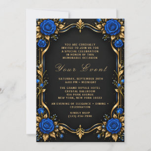 Royal Blue Rose Black Gold Wedding Invitation