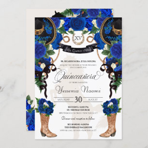 Royal Blue Rose & Black Western Charro Quinceanera Invitation