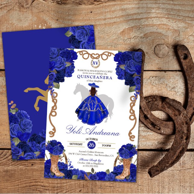 Royal Blue Rose Boots Charra Vestidos Quinceañera Invitation (Creator Uploaded)