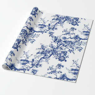 Royal Blue Rose Branch Toile Wrapping Paper