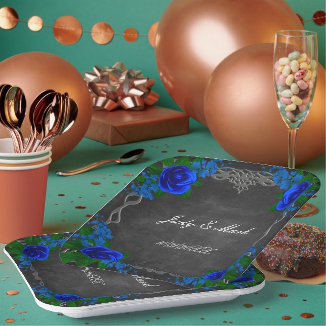Royal Blue Rose Chalk Board Fall Wedding Paper Plate (Multi)