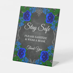 Royal Blue Rose Chalk Board Fall Wedding Safety Pedestal Sign