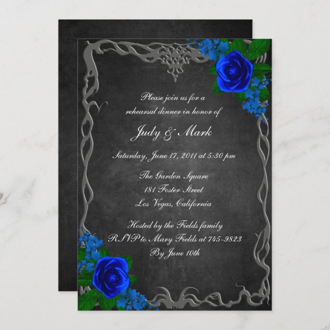 Royal Blue Rose Chalk Board Rehearsal Dinner Invitation (Front/Back)