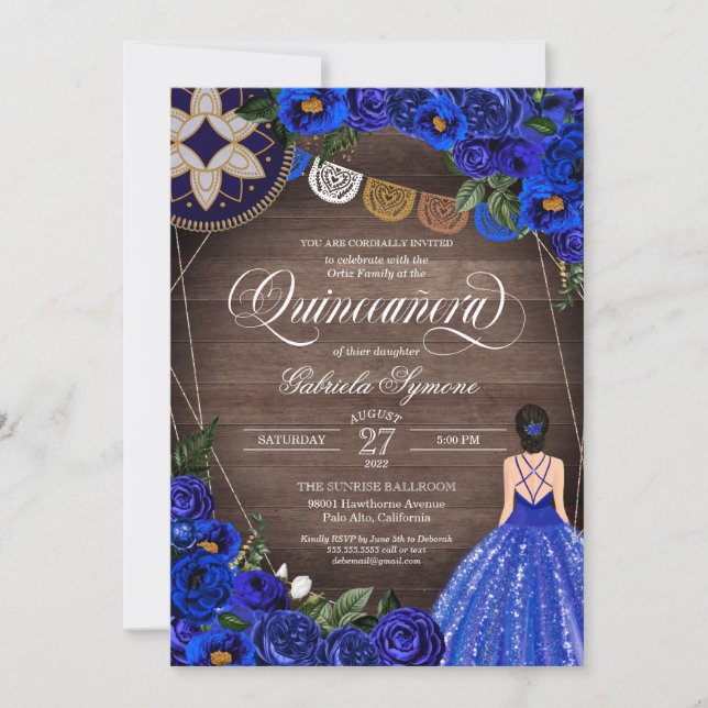Royal Blue Rose Charro Country Gown Quinceanera Invitation (Front)
