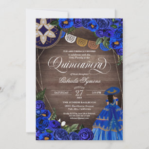 Royal Blue Rose Charro/Mariachi Rustic Quinceanera Invitation
