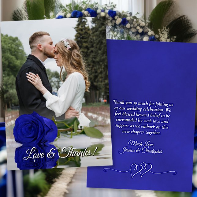 Royal Blue Rose Elegant Wedding Photo Overlay Thank You Card (Front/Back)