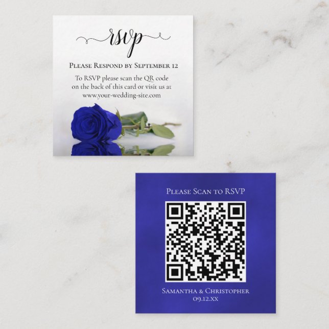 Royal Blue Rose Elegant Wedding RSVP QR Code Enclosure Card (Front/Back)