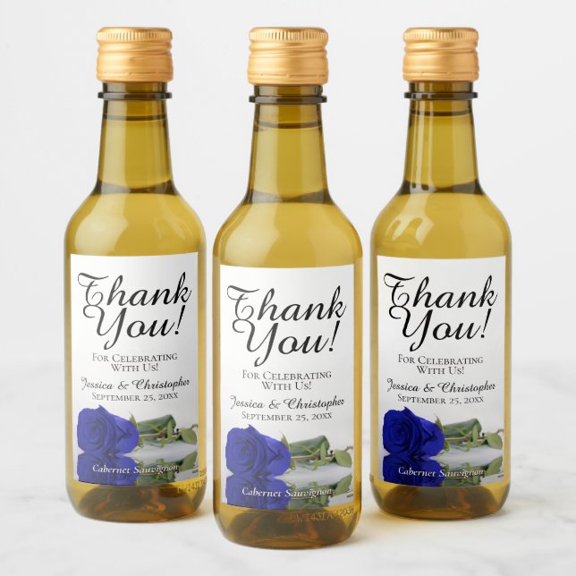 Royal Blue Rose Elegant Wedding Thank You Mini Wine Label (Bottles)
