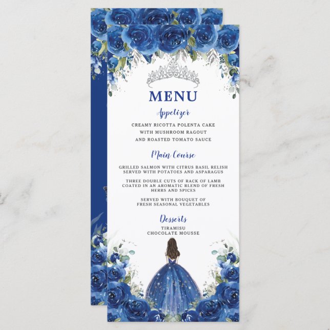 Royal Blue Rose Floral Girl Dress Quinceañera Menu (Front/Back)